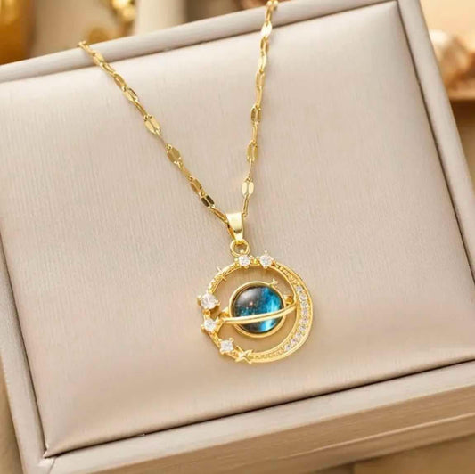 Collier en acier inoxydable avec pendentif planète étoilée-Ornée de Gemmes bleu pour Femme