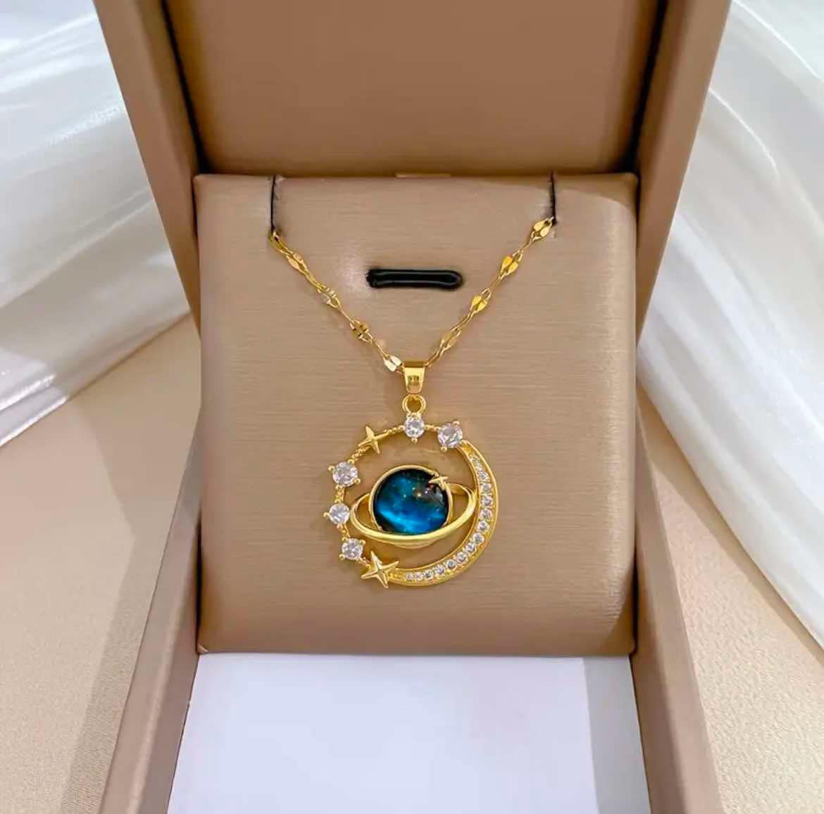 Collier en acier inoxydable avec pendentif planète étoilée-Ornée de Gemmes bleu pour Femme