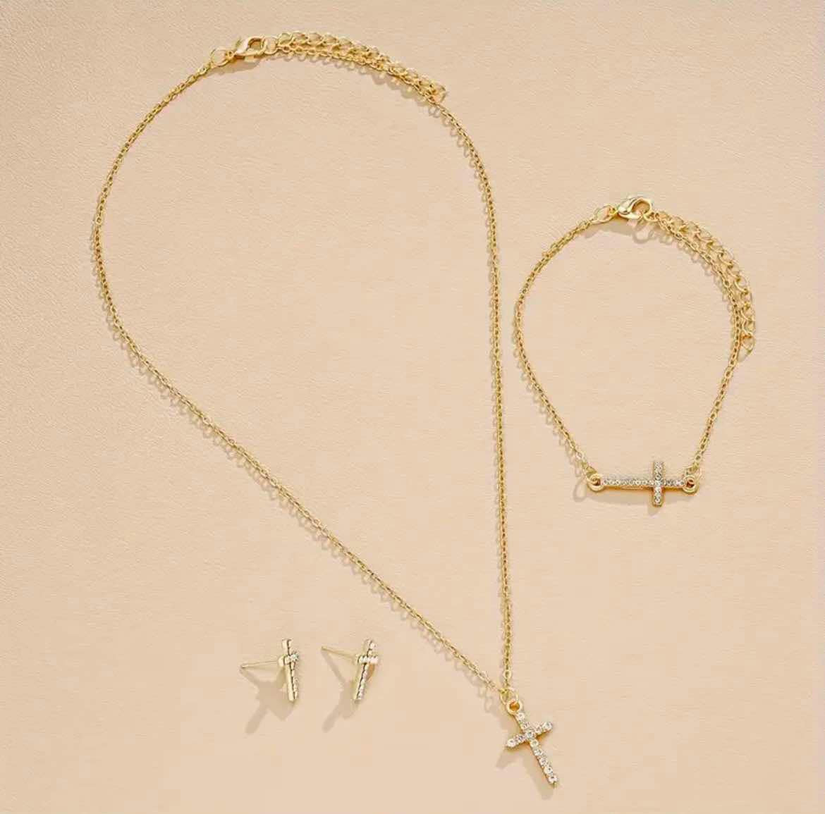 Ensemble 3 pièces, collier pendentif croix simple en strass, boucles d’oreilles & bracelet pour Femme